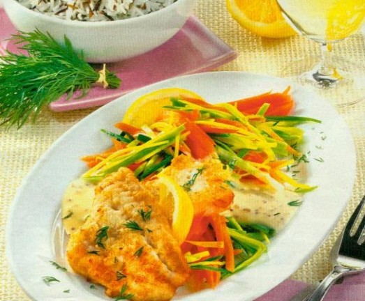Dorsch in Senfsauce mit Gemüse und Reis | Connys-Kochstudio